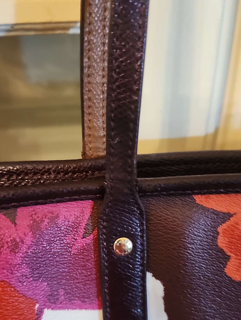 Coach Brown Floral Leather Tote with Pink, Orange & White Blossoms - Picture 3 of 9